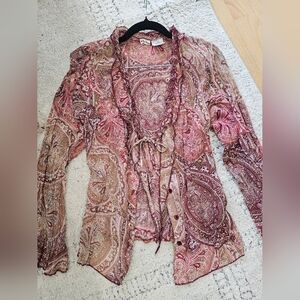 Y2K Pink Jeweled Paisley Print Ruffle Blouse